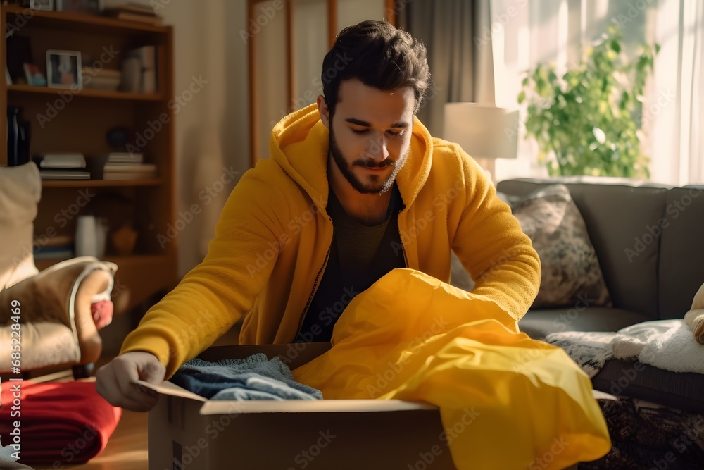 Excited man in bright yellow jacket unboxing a package of stylish clothes with a big smile on his face Generative AI Excited man in bright yellow jacket unboxing a package of stylish clothes with a big smile on his face Generative AI