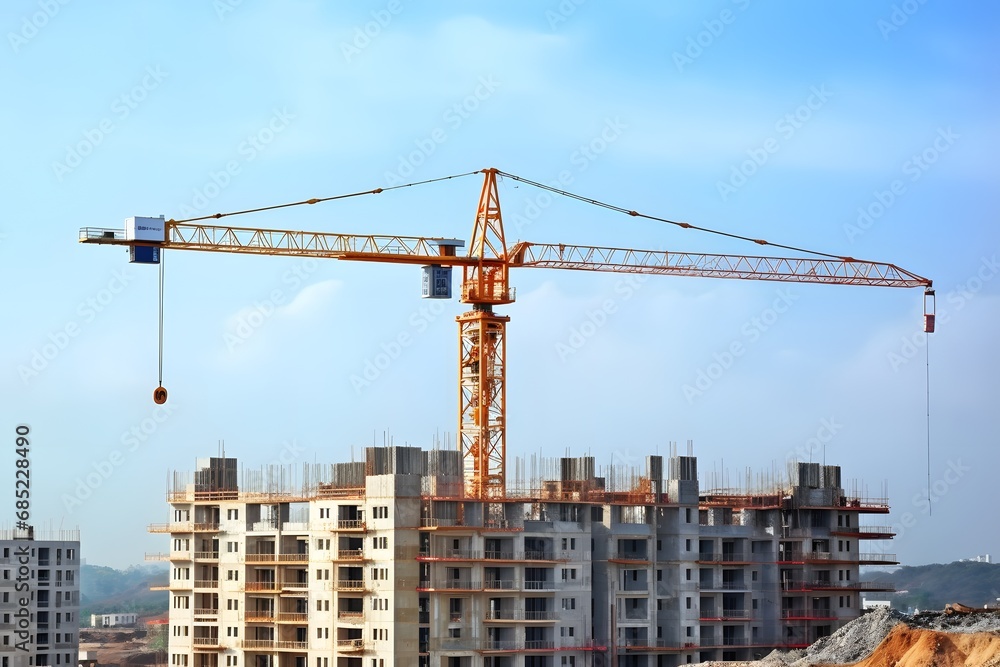 Cranes towering over a construction site with a city skyline in the background. Generative AI