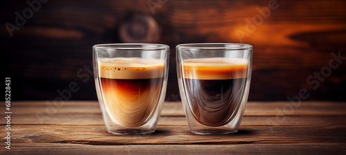 two glass cups of espresso on a wooden table, caffe crema photo