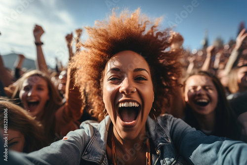 Fotografie, Obraz Selfie of woman smiling in front of a crowd of children on background