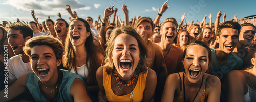 A group of happy young people standing next to each other shouting at a daytime concert.