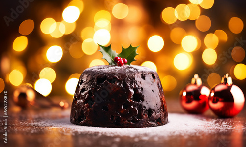 Traditional Christmas pudding with festive holly decoration on top