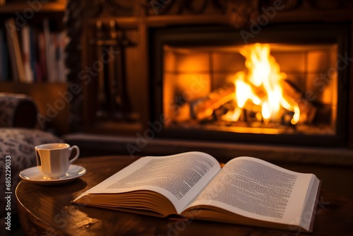 Cozy Winter Evening by the Fireplace with a Good Book and a Warm Cup of Coffee on the Table Generative AI