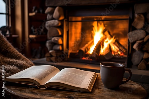 Cozy Winter Evening by the Fireplace with an Open Book and a Warm Cup of Coffee on the Table Generative AI