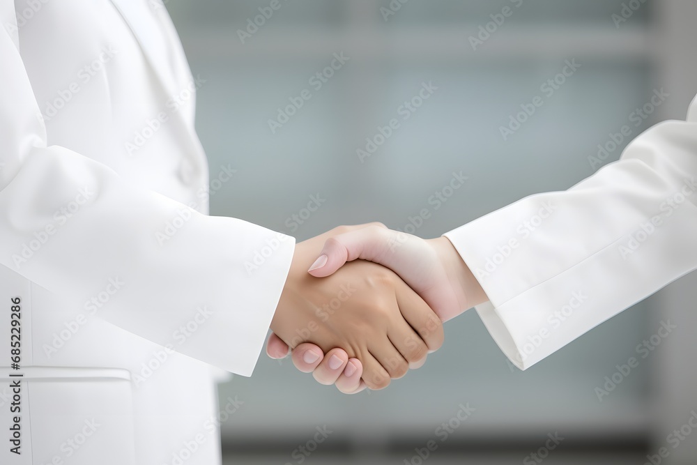 Business partners in formal attire shaking hands in agreement during a successful meeting. Generative AI Business partners in formal attire shaking hands in agreement during a successful meeting. Generative AI