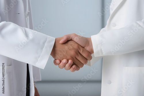 Professional male doctor greeting and shaking hands with female patient in medical office Generative AI