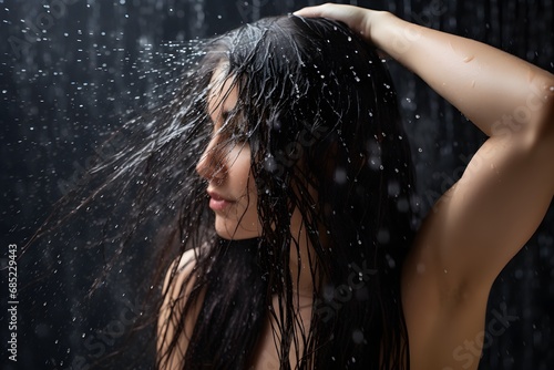 Beautiful Young Woman Embracing the Rain with Wet Hair and Serene Expression Generative AI