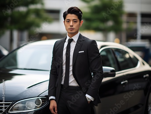 Confident Businessman in Formal Attire Posing with Luxury Car in the Background Generative AI © Sheela