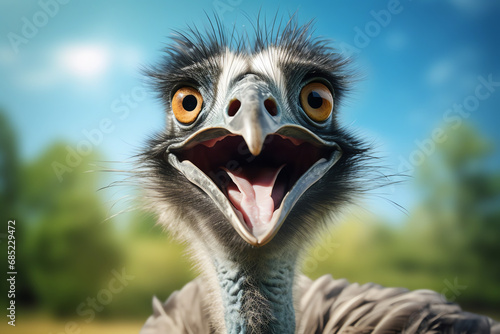 surprised funny emu ostrich bird blurred bokeh background zoo animal photo