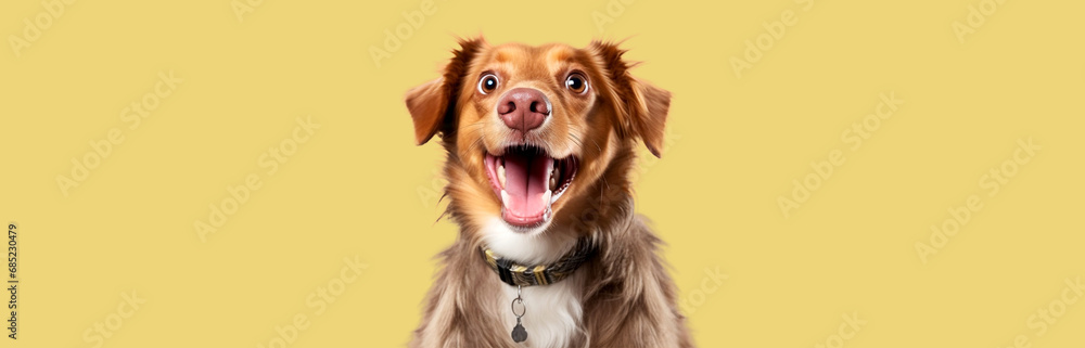 Portrait photo of an adorable mongrel on a yellow background.