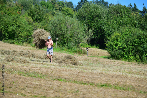 Obraz na płótnie Hay stacking with fork in the village in traditional way w salonie