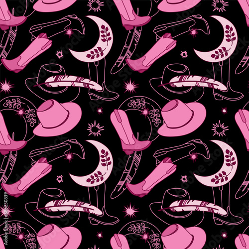 Retro seamless pattern with different cowgirl details: boots, hat, moon, stars, feather. Wild West fashion style vector in pink color