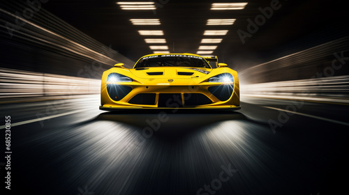 Close-up of a yellow racing sports car hugging
