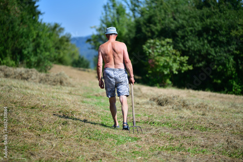 Obraz na płótnie Farmer stacking hay with fork traditional in the village on field w salonie
