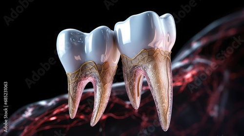 White shiny teeth with a gold-colored root canals, 3D rendering photo