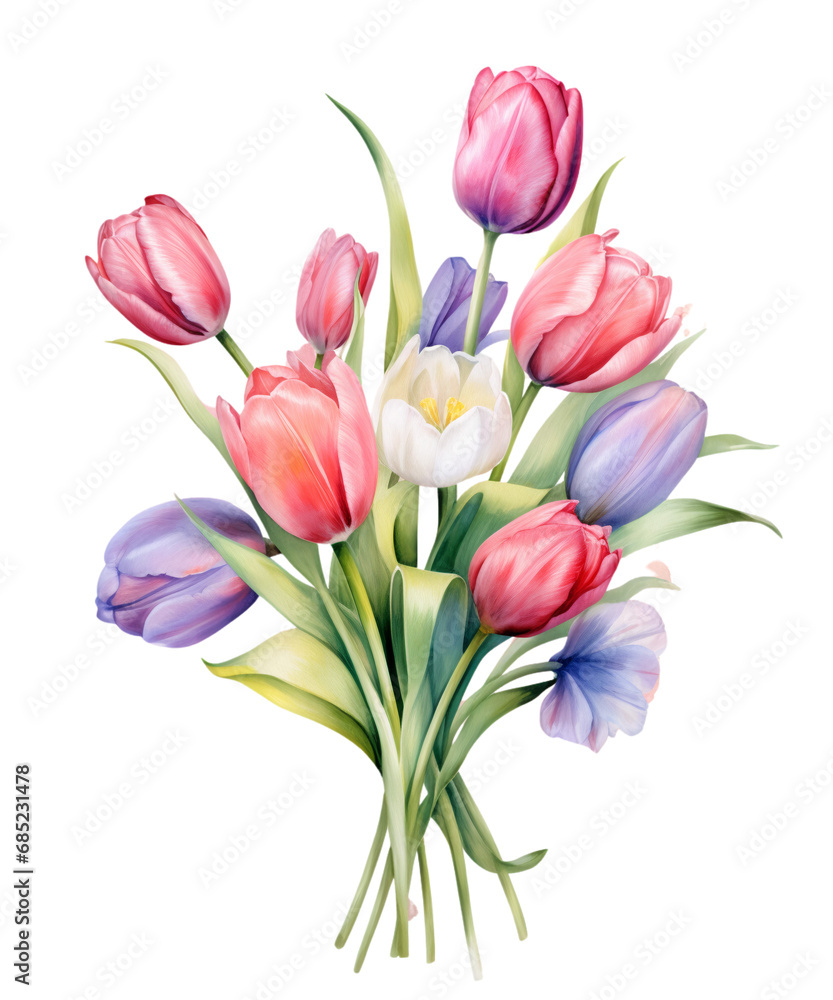 Obraz premium Pastel Tulip Bouquets Watercolor Clipart, Watercolor Sublimation Tulip Florals, Transparent Background, transparent PNG, Created using generative AI