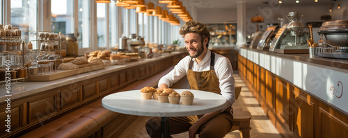 Worker in restaurant sitting at a table with a cup of coffee resting during a break. Panoramic image.