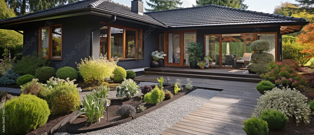 The front door of a chic suburban home has a wooden pathway and a potted grass. .