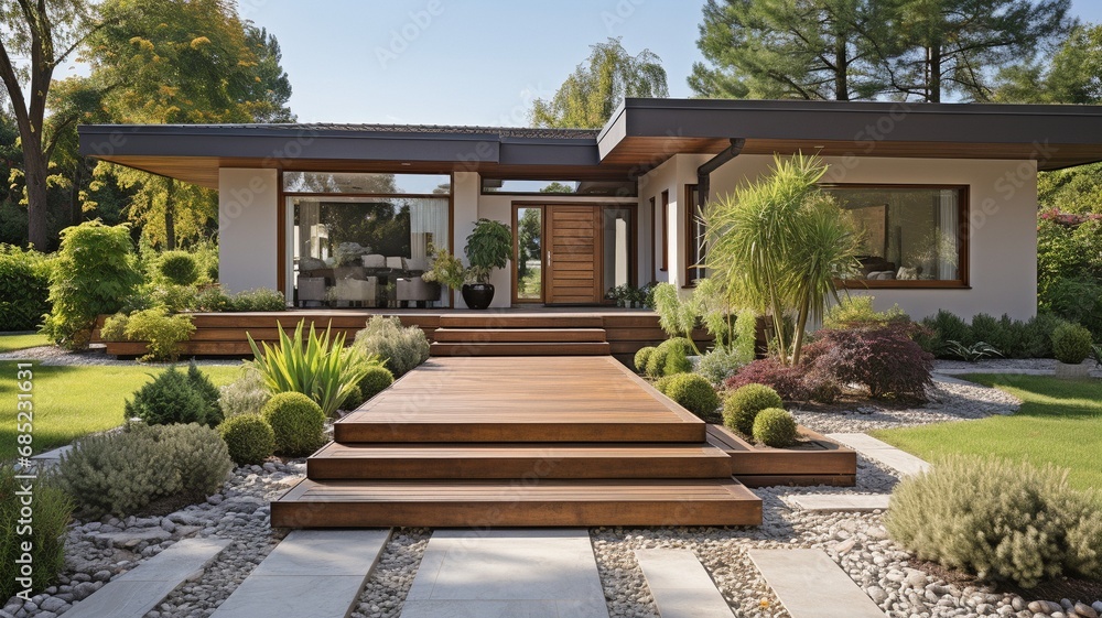 The front door of a chic suburban home has a wooden pathway and a potted grass. . The front door of a chic suburban home has a wooden pathway and a potted grass. .
