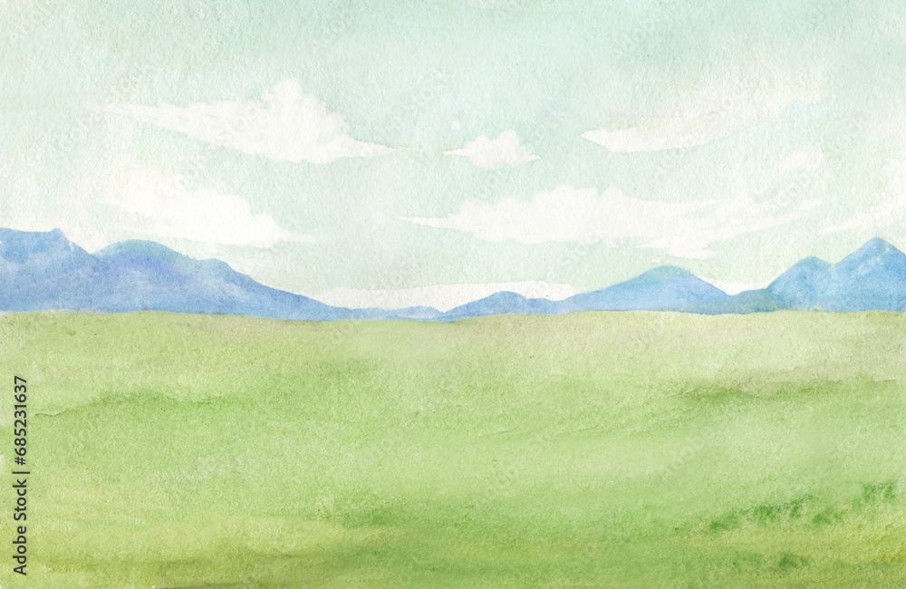 Abstract watercolor landscape background with rural green field, hills, clouds, soft colors nature, hand drawn illustration