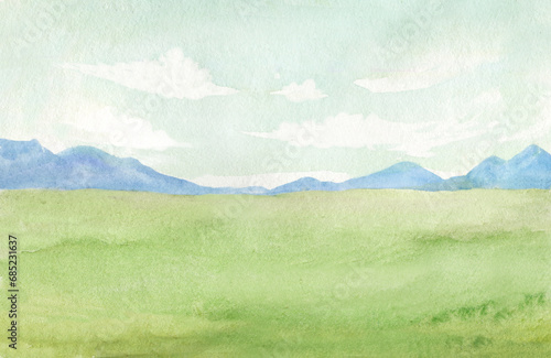 Abstract watercolor landscape background with rural green field, hills, clouds, soft colors nature, hand drawn illustration