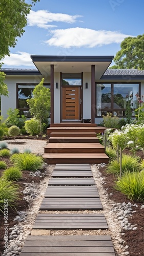 The front door of a chic suburban home has a wooden pathway and a potted grass. .