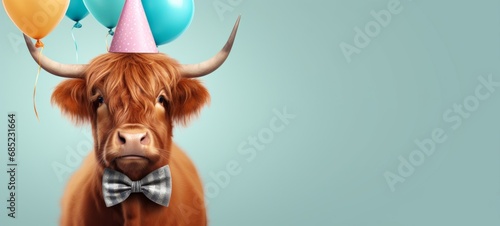 Celebration, happy birthday, Sylvester New Year's eve party, funny animal banner greeting card - Scottish highland cattle cow with horns, party hat and balloon, isolated on blue wall background photo