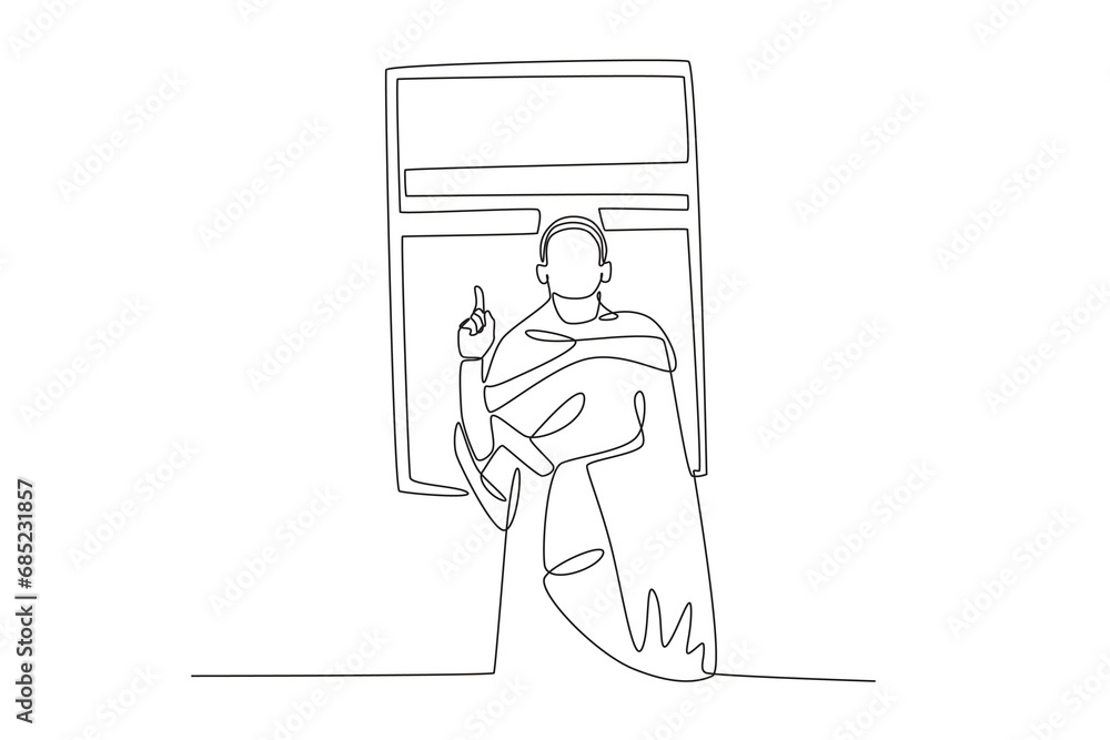 A man stands in front of the Kaaba. Hajj one-line drawing A man stands in front of the Kaaba. Hajj one-line drawing