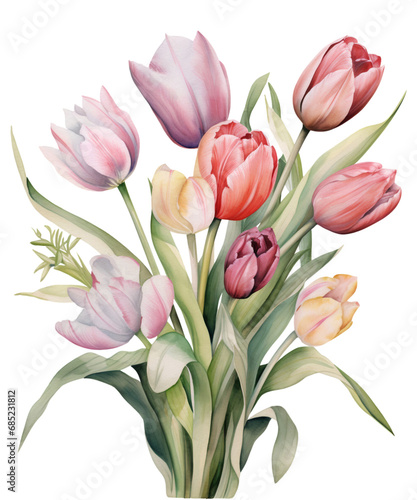 Pastel Tulip Bouquets Watercolor Clipart  Watercolor Sublimation Tulip Florals  Transparent Background  transparent PNG  Created using generative AI
