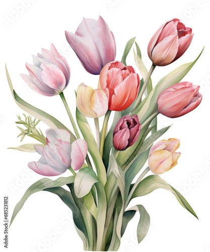 Wallpaper Mural Pastel Tulip Bouquets Watercolor Clipart, Watercolor Sublimation Tulip Florals, Transparent Background, transparent PNG, Created using generative AI Torontodigital.ca