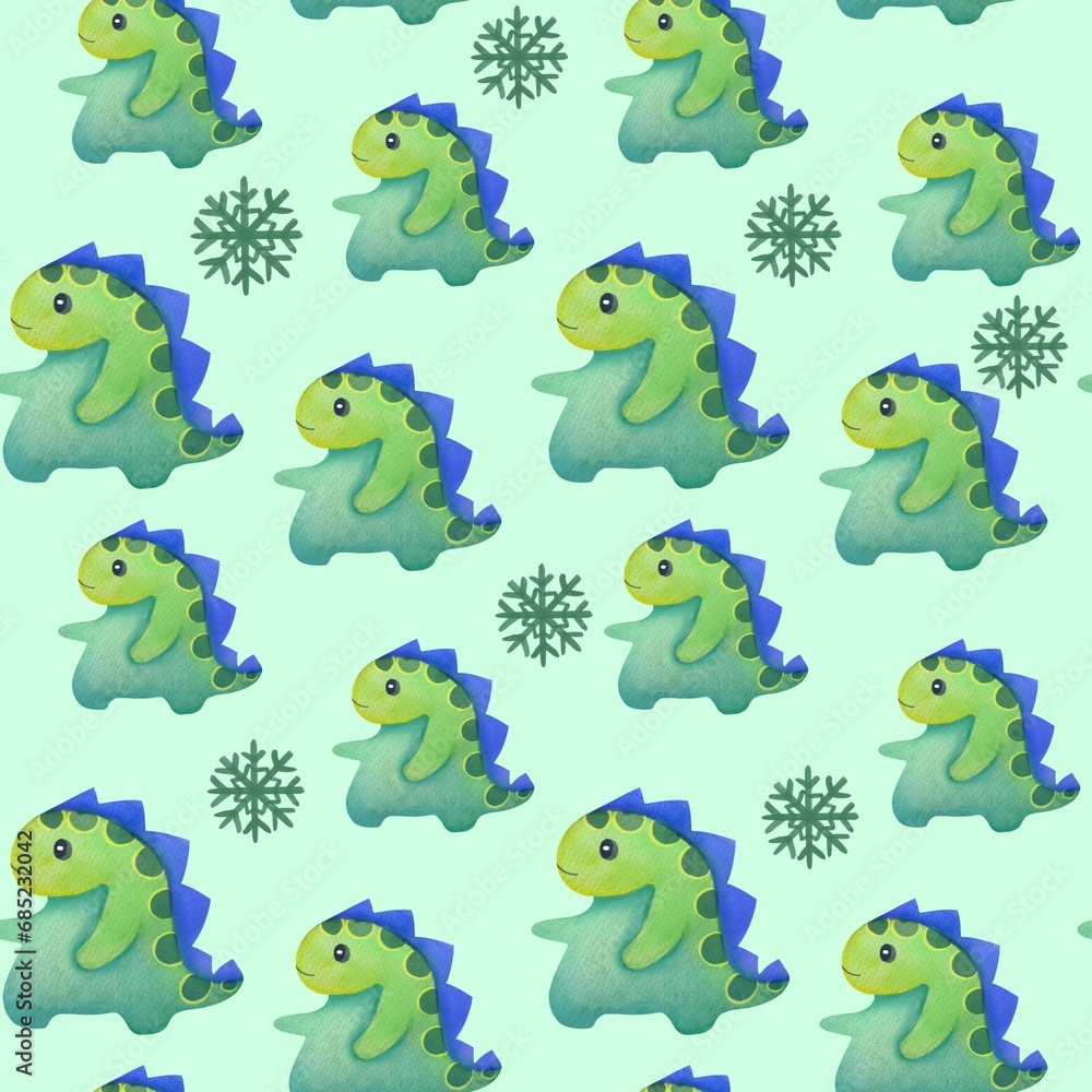Obraz premium cute watercolor green dragon seamless pattern on transparent background. Happy Chinese new year wallpaper for packaging paper, fabrics, wrapping gifts, stickers. China lunar calendar for Calendar 2024