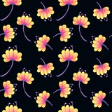 magical plants highlighted on black background. fantastic neon flowers seamless pattern. Bright unusual Fantastic alien magic plants. watercolor botanical print for textile, packaging paper, fabrics