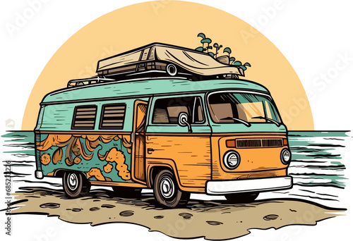Travel van in front of a beach Hand drawn illustration, travel van Hand drawn illustration photo