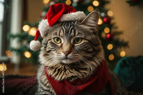cat in christmas hat, with christmas tree