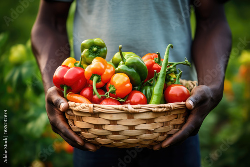 Hands holding a basket of colorful peppers and tomatoes. Concept of sustainable agriculture and fresh produce.