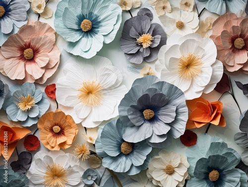 Flowers made of tissue paper on a light grey background