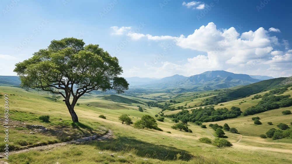 A lone tree in the centre of a lawn with mountains in the distance. A lone tree in the centre of a lawn with mountains in the distance.