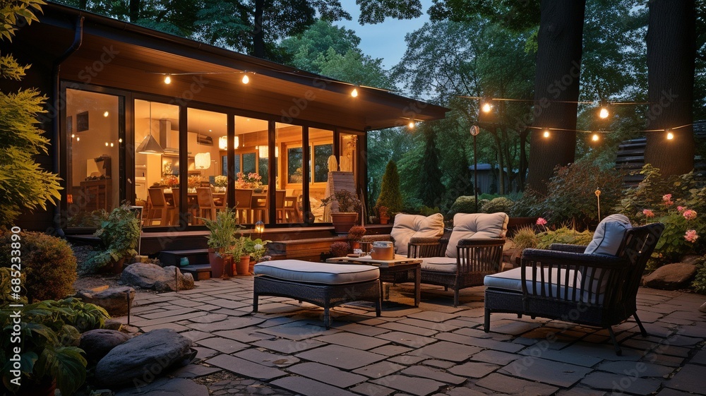 A lovely suburban home's patio with lights and wicker chairs during a summer's evening. - obrazy, fototapety, plakaty 