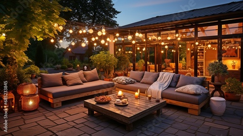 A lovely suburban home's patio with lights and wicker chairs during a summer's evening.