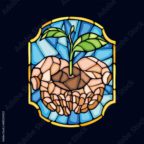 vector illustration of hands carrying plant seeds in stained glass style