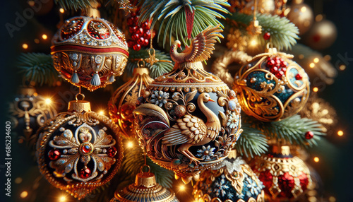 focusing on macro shots of Christmas decorations. close-up details of various Christmas ornaments, capturing the intricate details and vibrant colors of various festive adornments.