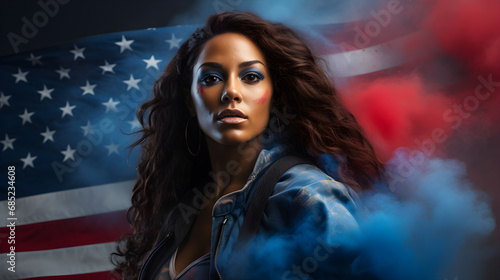 Mujer Empoderada: Poder y Libertad. mujer americana empoderada con bandera al fondo colores azul rojo y estrellas