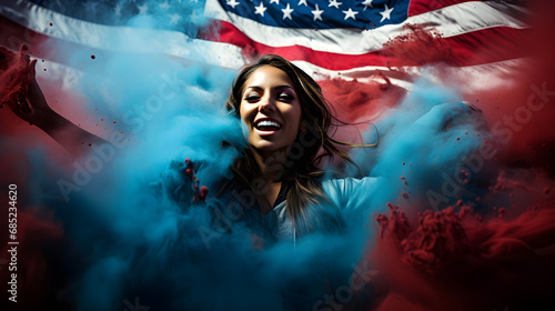 Mujer Estadounidense: Fuerza e Independencia entre banderas y colores azul y rojo photo