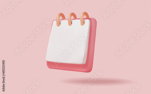 3d Note book icon on pink background. Notepad, Daily schedule planner, Reminder calendar, Reminder, Calendar plan, Sticky note, Take notes, Document. Education concept. 3d vector render illustration