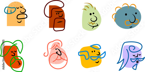 Set cartoon abstract head grandfather in funny simple doodle draw style. Bright fashion emotion faces various people. Bright design character emotion. Collection flat vector illustration.
