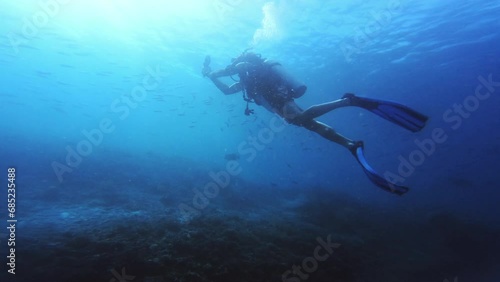 Wallpaper Mural Photography, swimming in ocean and scuba diving in coral reef in Raja Ampat with biodiversity, ecology or tropical environment. Calm blue sea, underwater and person with camera on adventure in nature Torontodigital.ca
