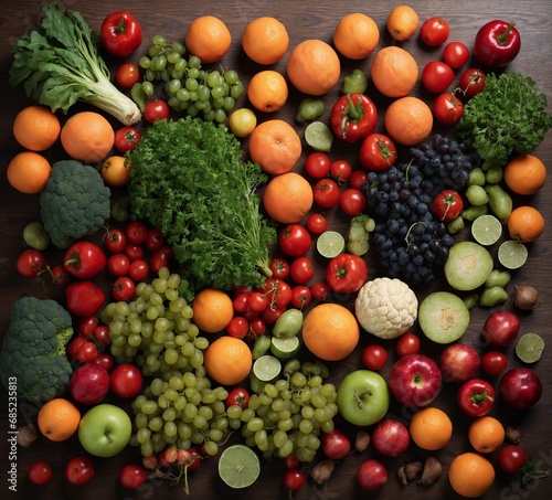 Fresh fruits and vegetables on a wooden background  Healthy food  Top view.