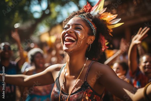 Brazilians playing, dancing and having fun at a Street Carnaval celebration photo