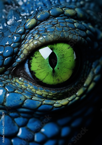 Close up of a green eye reptile or dragon with blue scales.