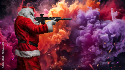 A man dressed as Santa Claus, aiming with a machine gun, stands amid bright, multicolored smoke from a smoke grenade, with colorful sparks flying in the air
